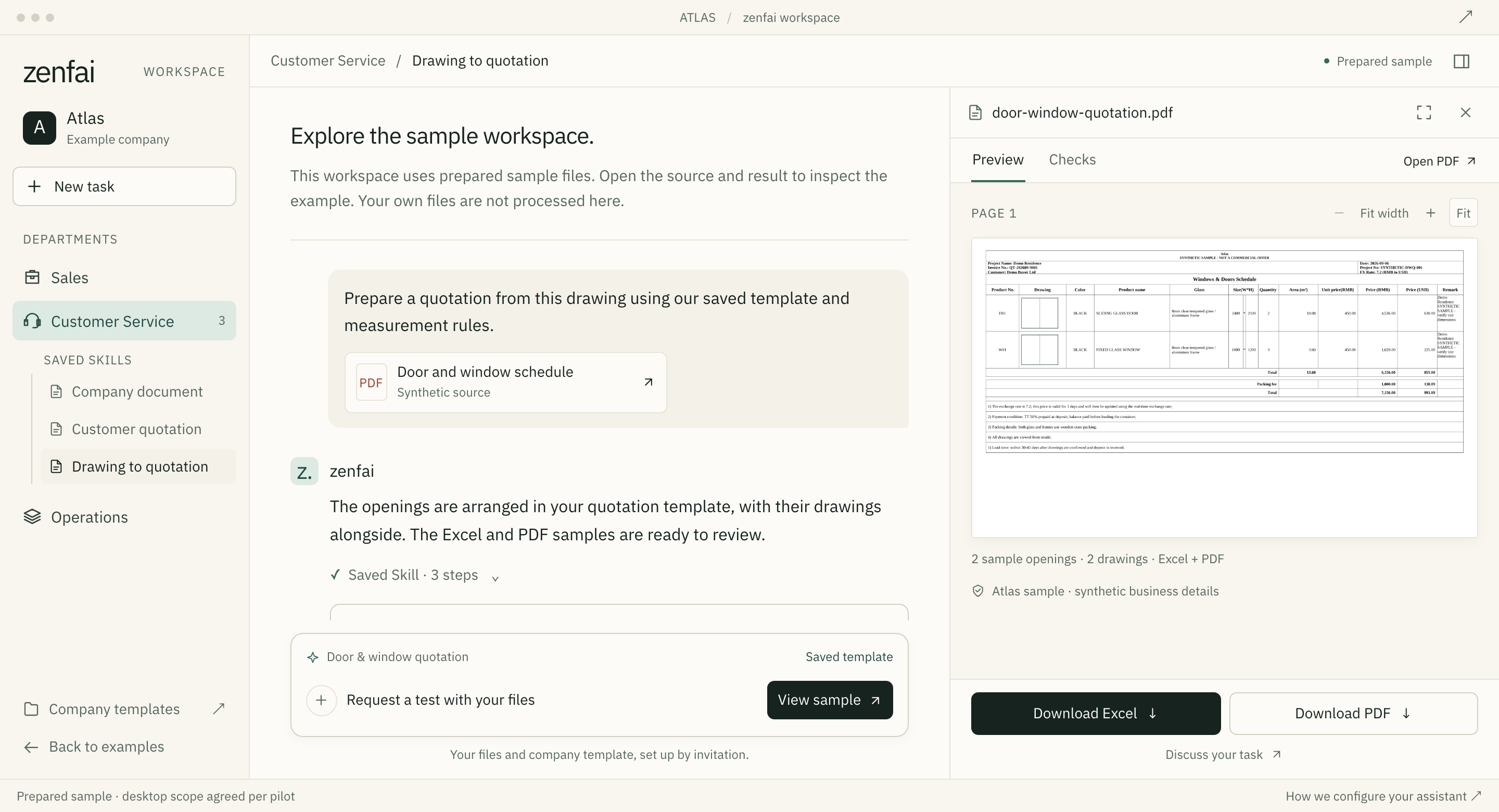 Sample workspace preview: Drawing to quotation selected in Customer Service, with the source and prepared result.