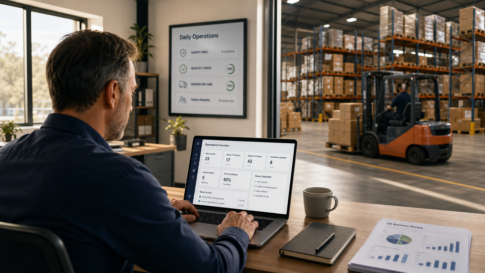 Traditional manufacturing office with ZenFoundry AI workers